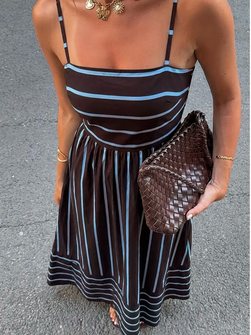 Women’s Summer Dress Cutout back Spaghetti Straps Small Striped Brown Blue